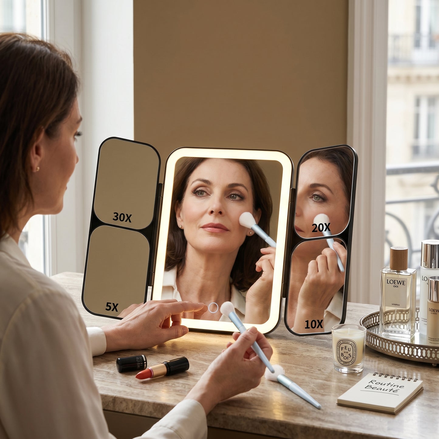Lumirève – Miroir de Coiffeuse LED Triptyque Grossissant