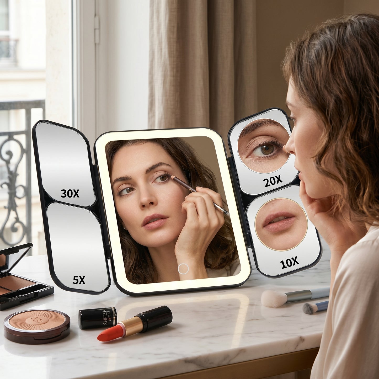 Lumirève – Miroir de Coiffeuse LED Triptyque Grossissant