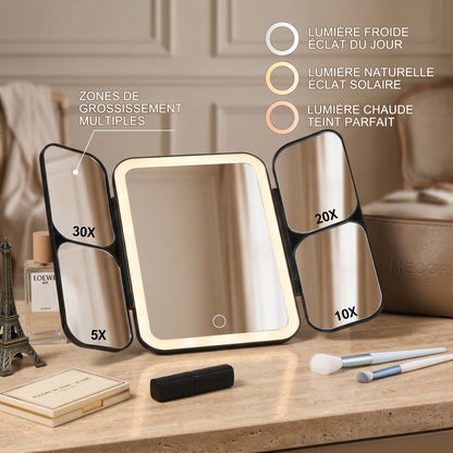 Lumirève – Miroir de Coiffeuse LED Triptyque Grossissant