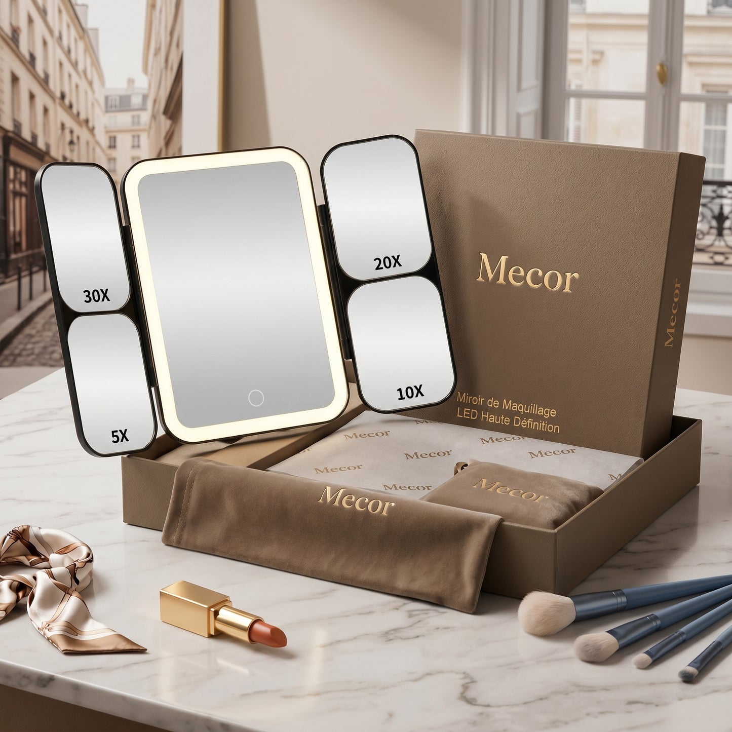 Lumirève – Miroir de Coiffeuse LED Triptyque Grossissant