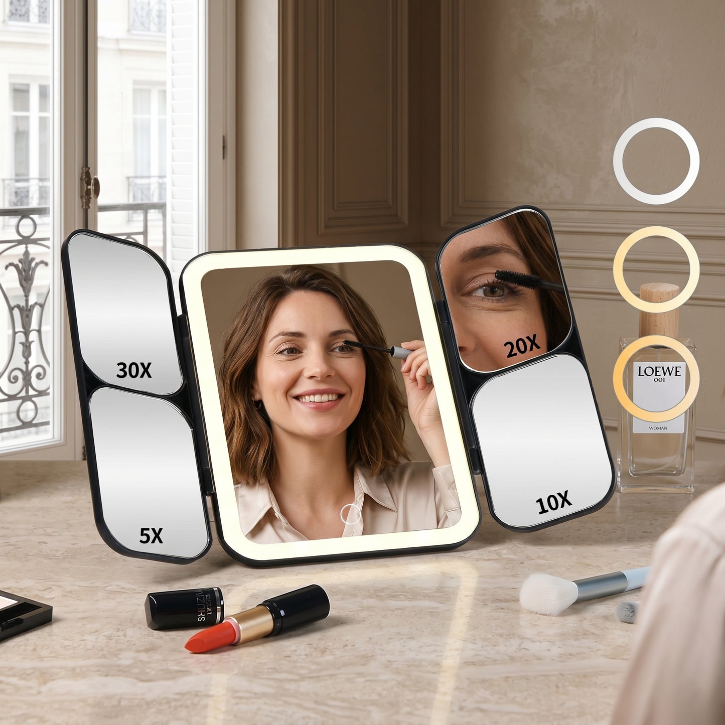 Lumirève – Miroir de Coiffeuse LED Triptyque Grossissant