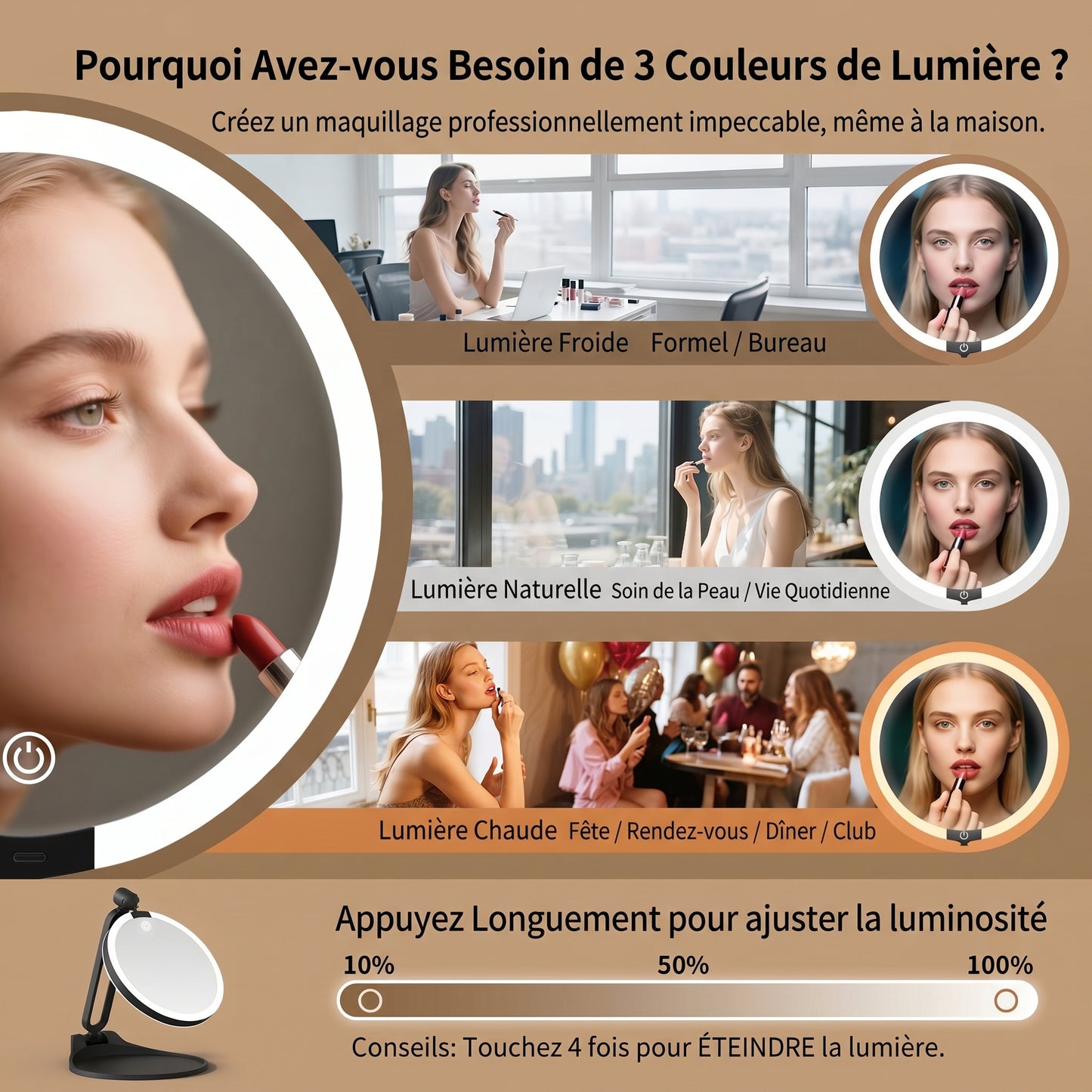 Miravox – Miroir de Maquillage LED Double Face Grossissant
