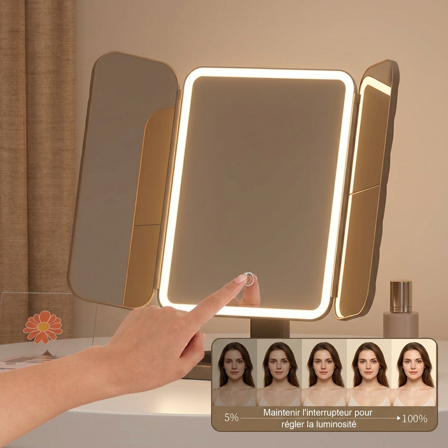 Lumirève – Miroir Coiffeuse LED Triptyque