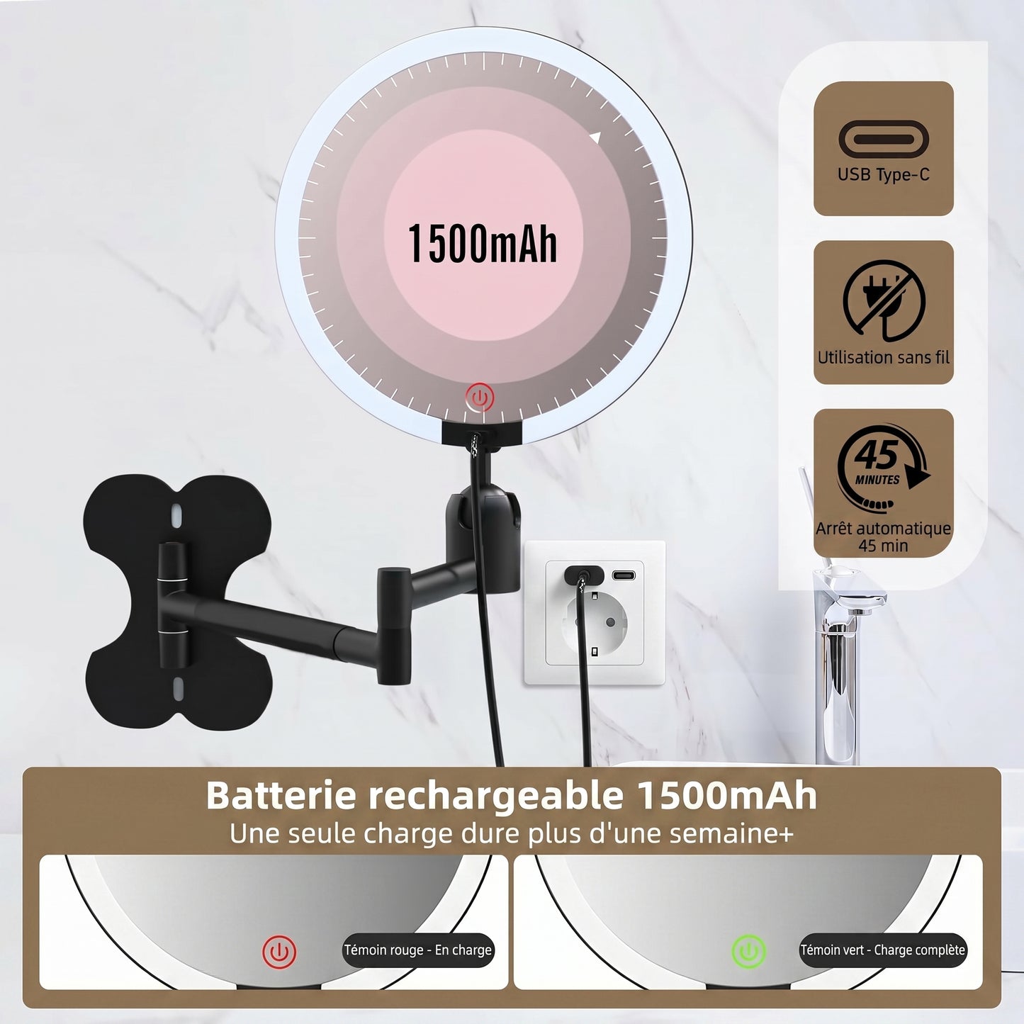 Lumivara – Miroir de Maquillage LED Mural